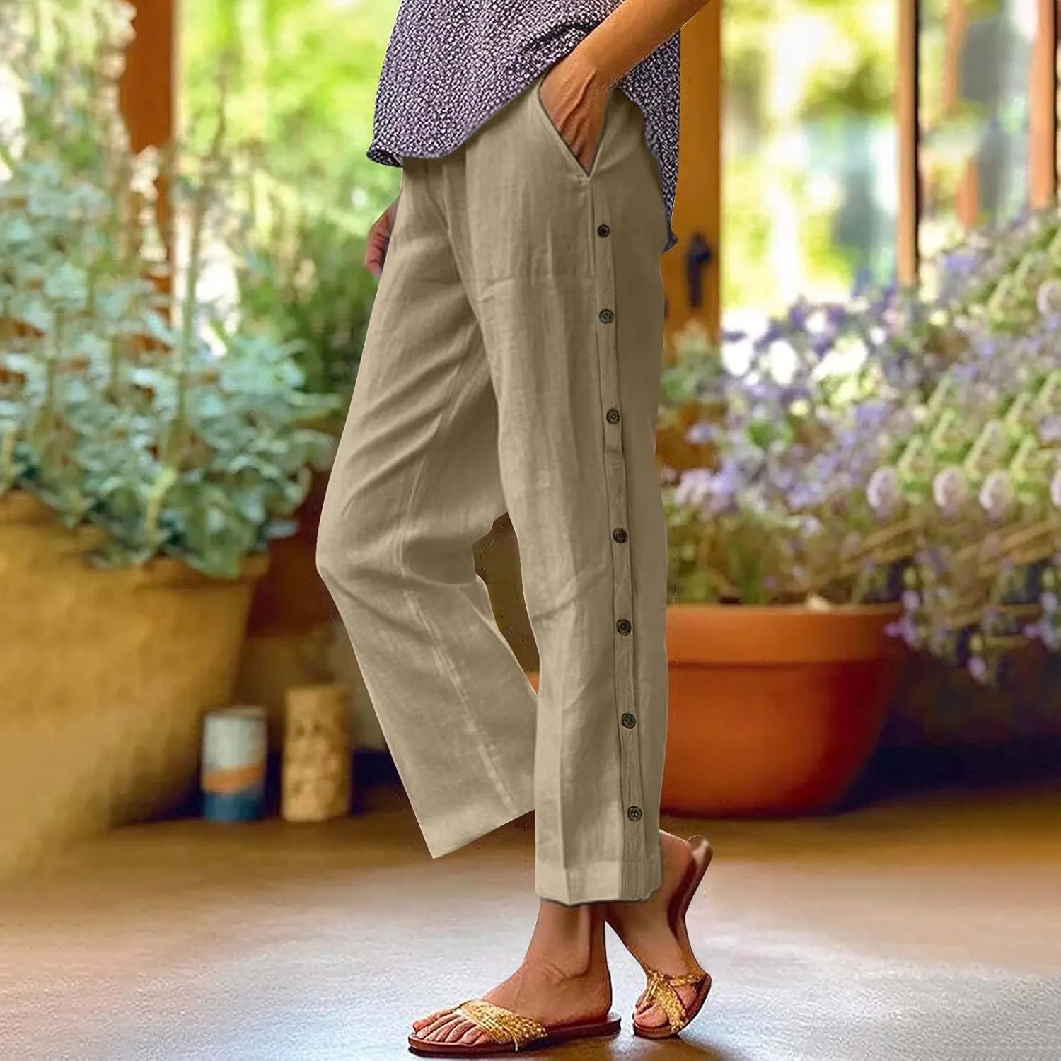 Cotton Linen Trousers for Womens Summer Side Button Straight Leg Pants Casual Baggy Solid Pant with Pocket