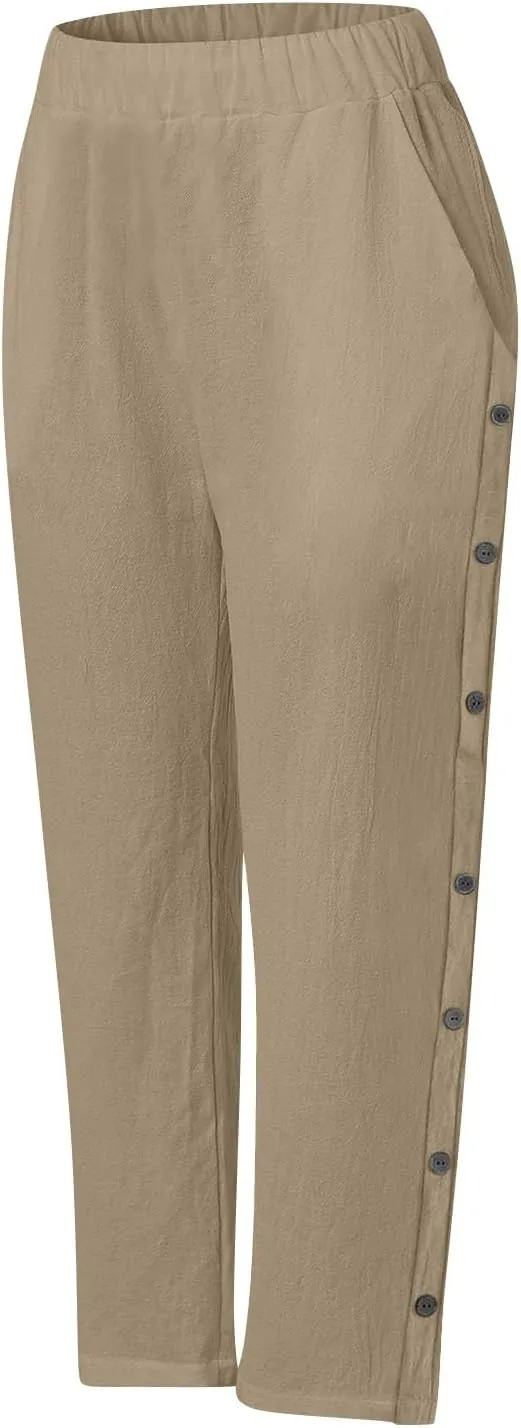 Cotton Linen Trousers for Womens Summer Side Button Straight Leg Pants Casual Baggy Solid Pant with Pocket