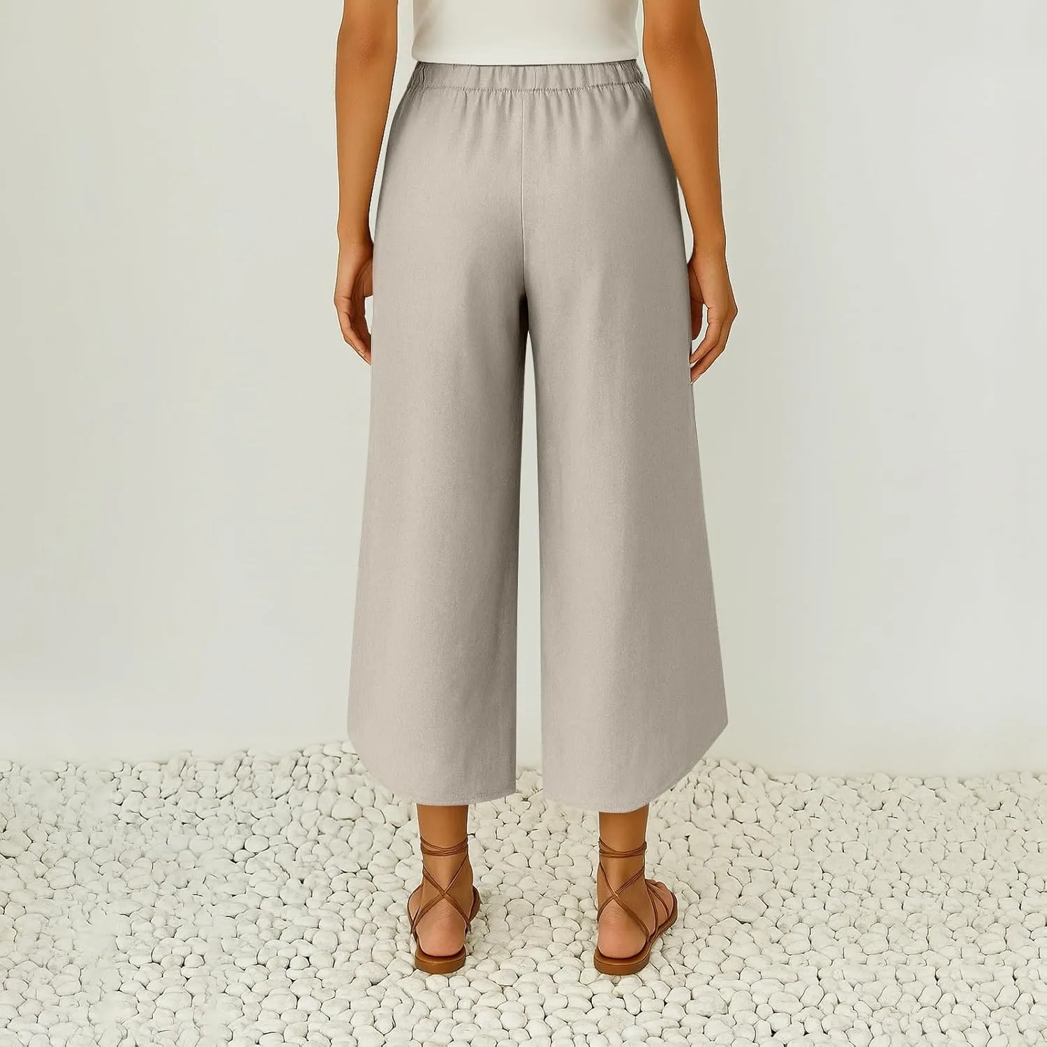 Cropped Linen Pants Women Cute Summer Comfy Loose Drawstring Elastic High Waisted Wide Leg Lounge Pants with Pockets