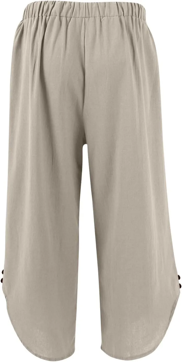 Cropped Linen Pants Women Cute Summer Comfy Loose Drawstring Elastic High Waisted Wide Leg Lounge Pants with Pockets