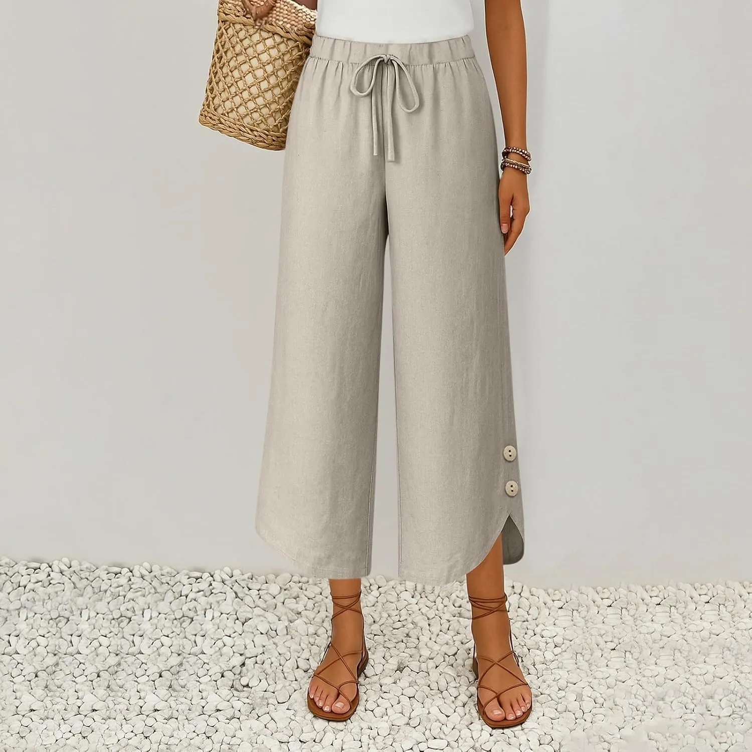 Cropped Linen Pants Women Cute Summer Comfy Loose Drawstring Elastic High Waisted Wide Leg Lounge Pants with Pockets