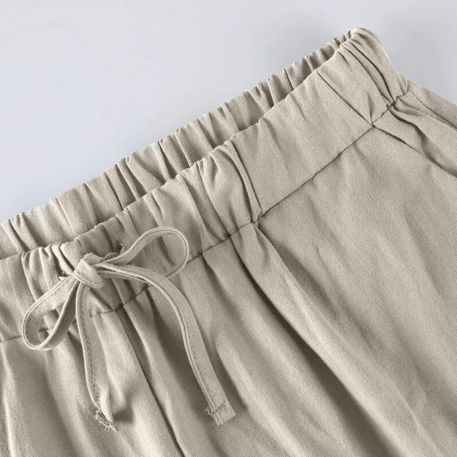 Cropped Linen Pants Women Cute Summer Comfy Loose Drawstring Elastic High Waisted Wide Leg Lounge Pants with Pockets