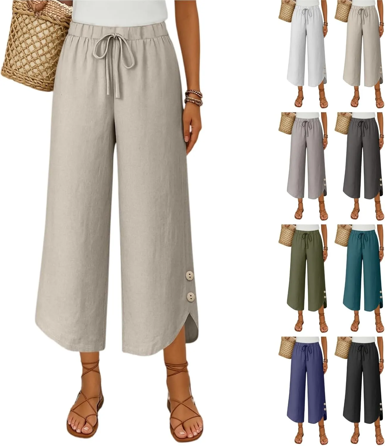 Cropped Linen Pants Women Cute Summer Comfy Loose Drawstring Elastic High Waisted Wide Leg Lounge Pants with Pockets