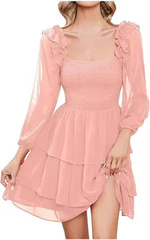 Cute Shift Tunic Dress for Women Ruffle Swing Babydoll Mini Long Sleevee Mini Knee Length Sun Dresses with Pockets