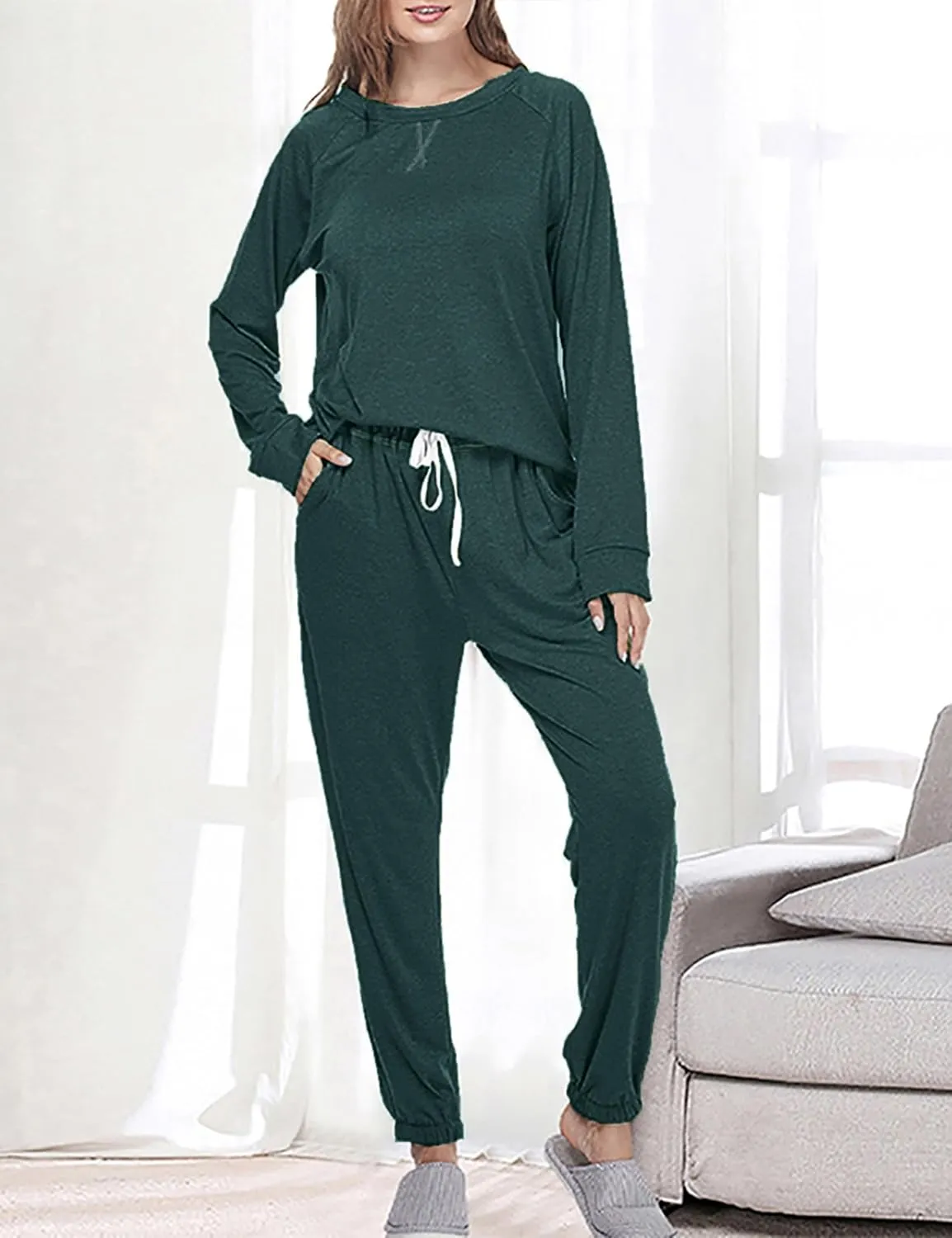 Cysincos Womens Sweatsuits 2 Piece Outfit Sweatpants Loungewear Jogger Pajama Set Long Sleeve Pullover Drawstring Pants