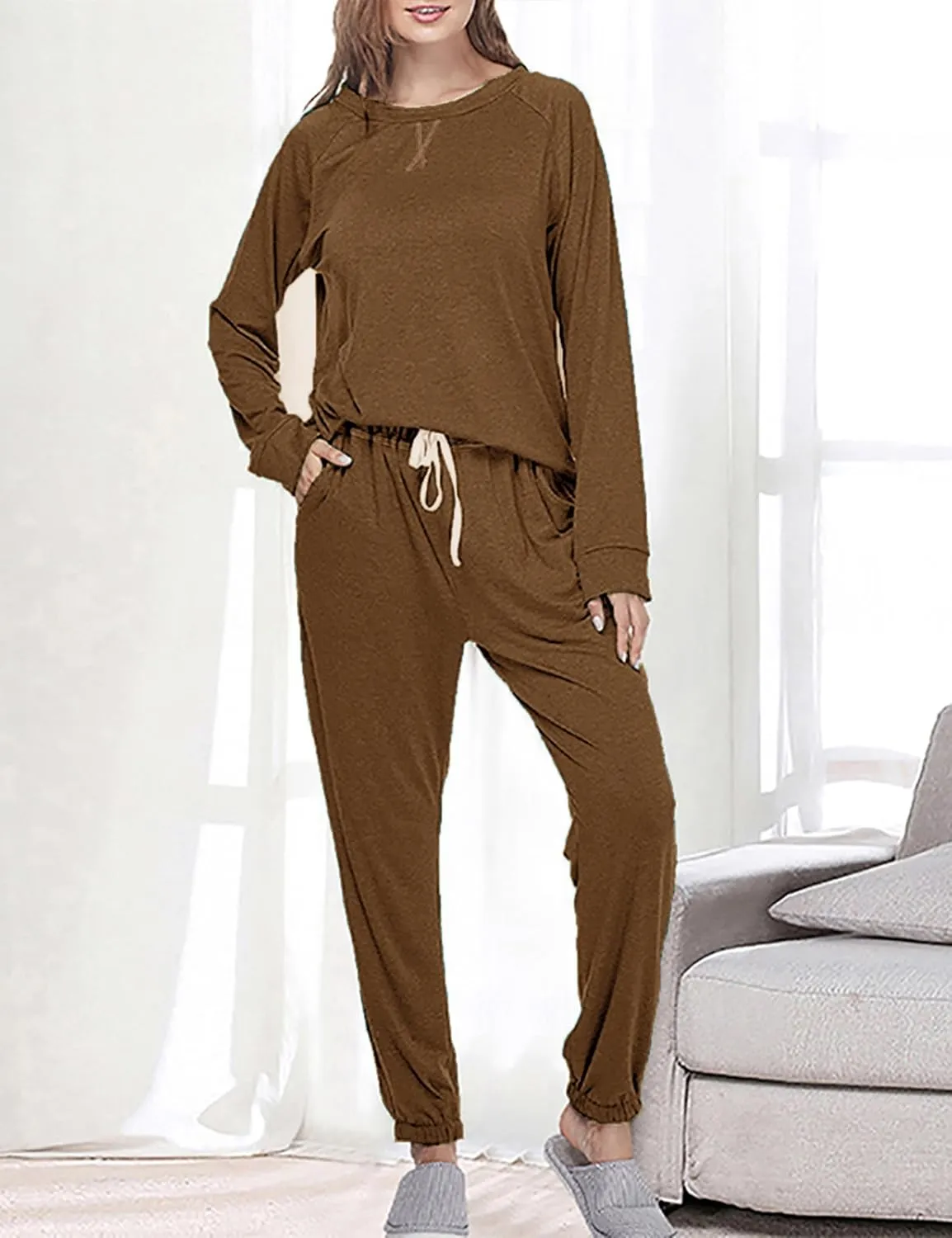 Cysincos Womens Sweatsuits 2 Piece Outfit Sweatpants Loungewear Jogger Pajama Set Long Sleeve Pullover Drawstring Pants