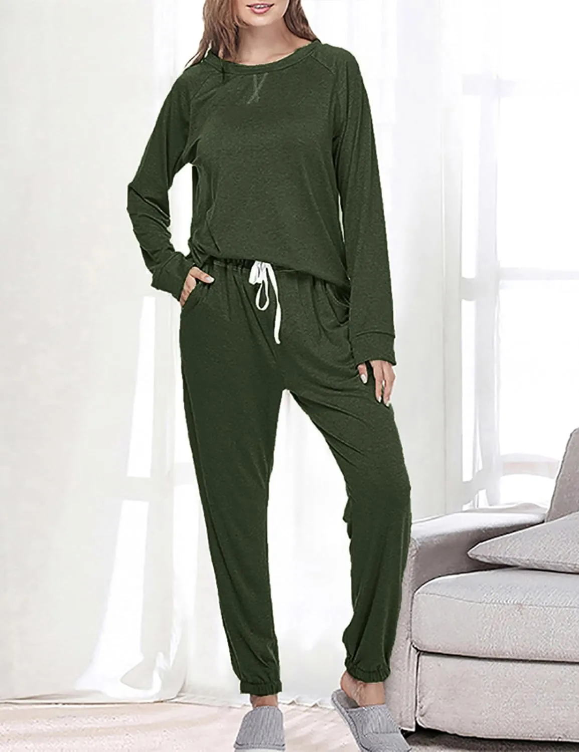 Cysincos Womens Sweatsuits 2 Piece Outfit Sweatpants Loungewear Jogger Pajama Set Long Sleeve Pullover Drawstring Pants