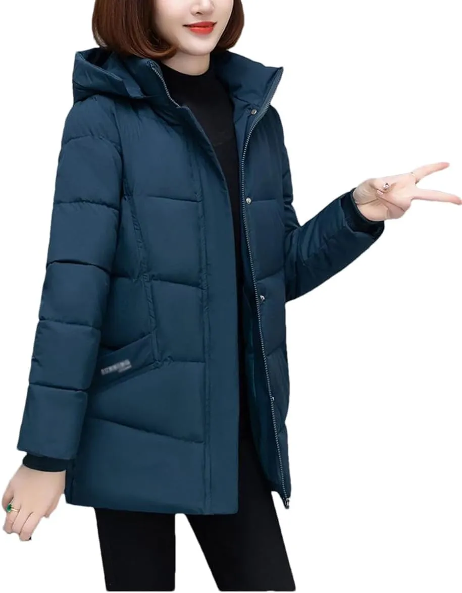 DBFBDTU Womens Mid-Length Coat Winter Jacket Female Hooded Cotton-Padded Parkas Coat Zipper Outwear