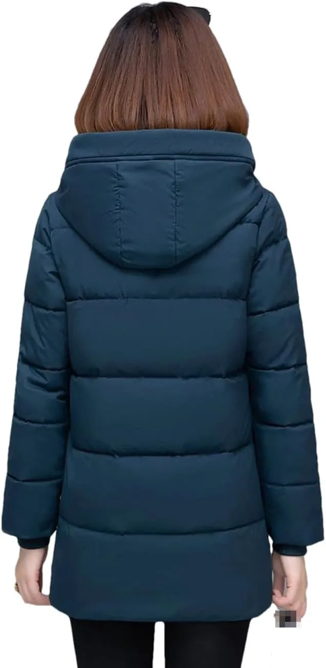 DBFBDTU Womens Mid-Length Coat Winter Jacket Female Hooded Cotton-Padded Parkas Coat Zipper Outwear