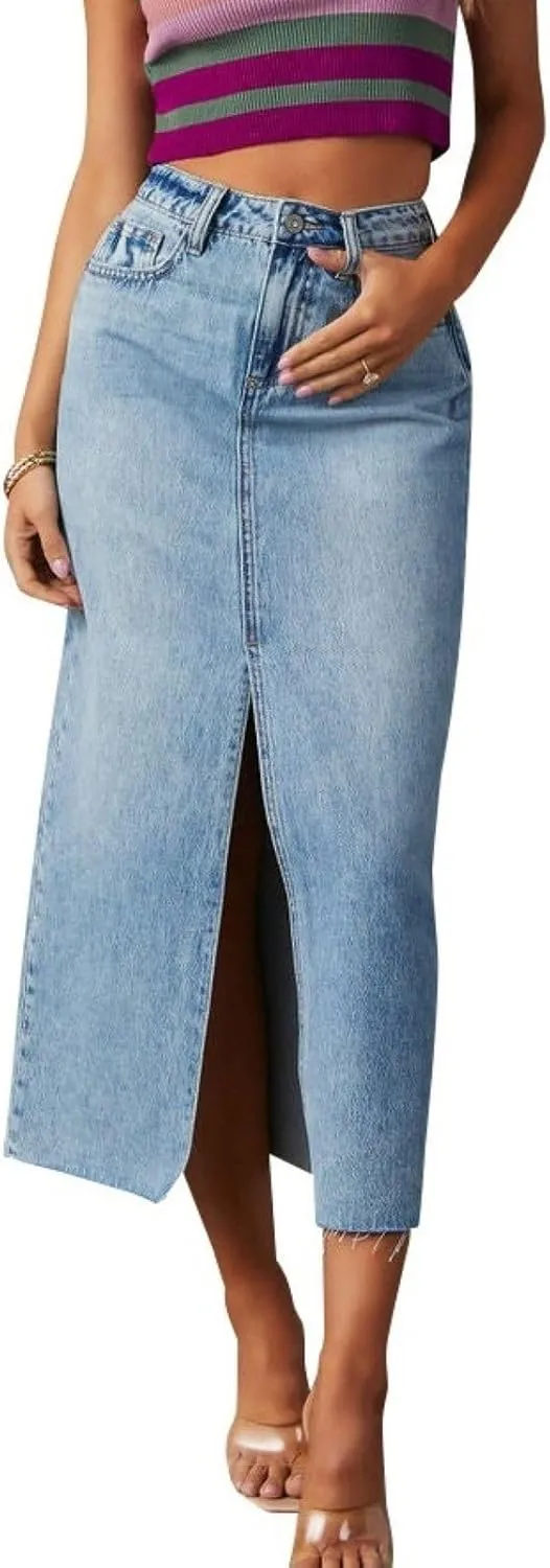 Denim Skirts for Womens High Waisted Washed Raw Hem Casual A-Line Long Jean Skirts