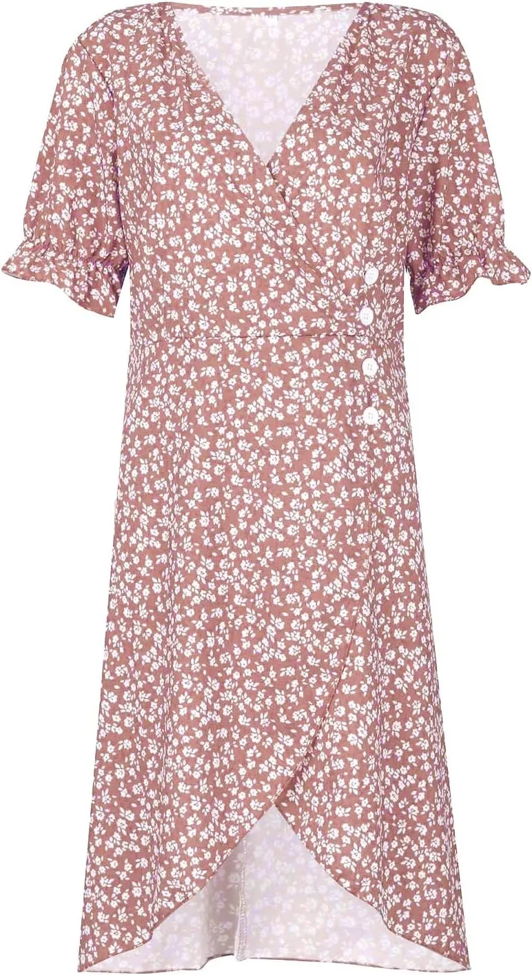 Dresses for Women Summer Boho Floral Print V Neck Maxi Wrap Dress Ruffle A-Line Flowy Maxi Wedding Guest Dresses