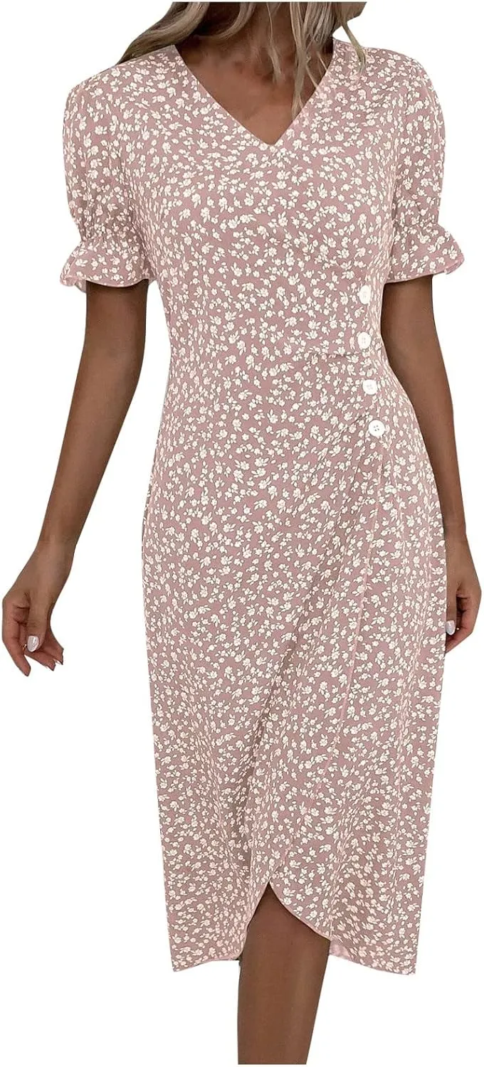 Dresses for Women Summer Boho Floral Print V Neck Maxi Wrap Dress Ruffle A-Line Flowy Maxi Wedding Guest Dresses