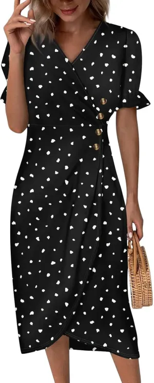 Dresses for Women Summer Boho Floral Print V Neck Maxi Wrap Dress Ruffle A-Line Flowy Maxi Wedding Guest Dresses