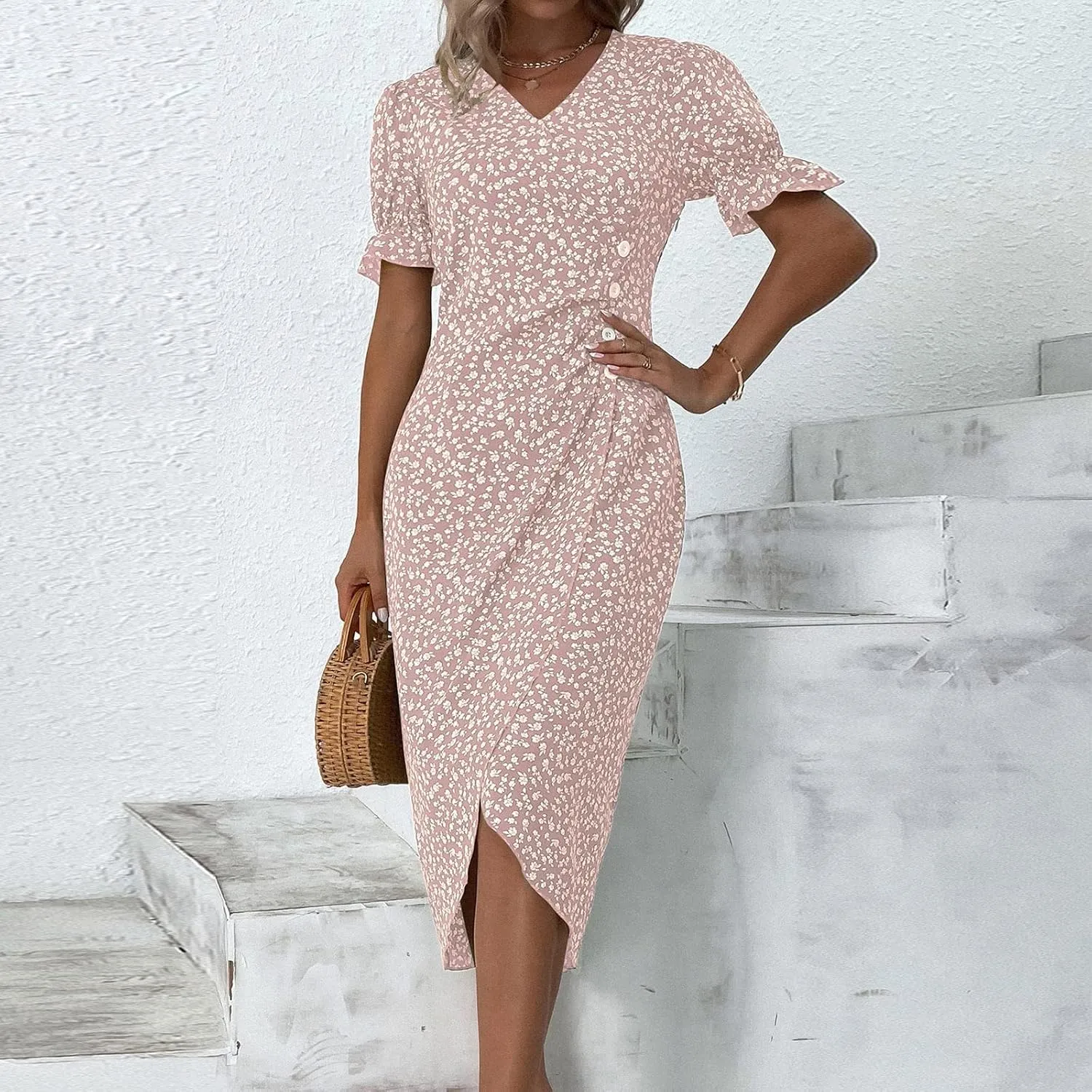 Dresses for Women Summer Boho Floral Print V Neck Maxi Wrap Dress Ruffle A-Line Flowy Maxi Wedding Guest Dresses