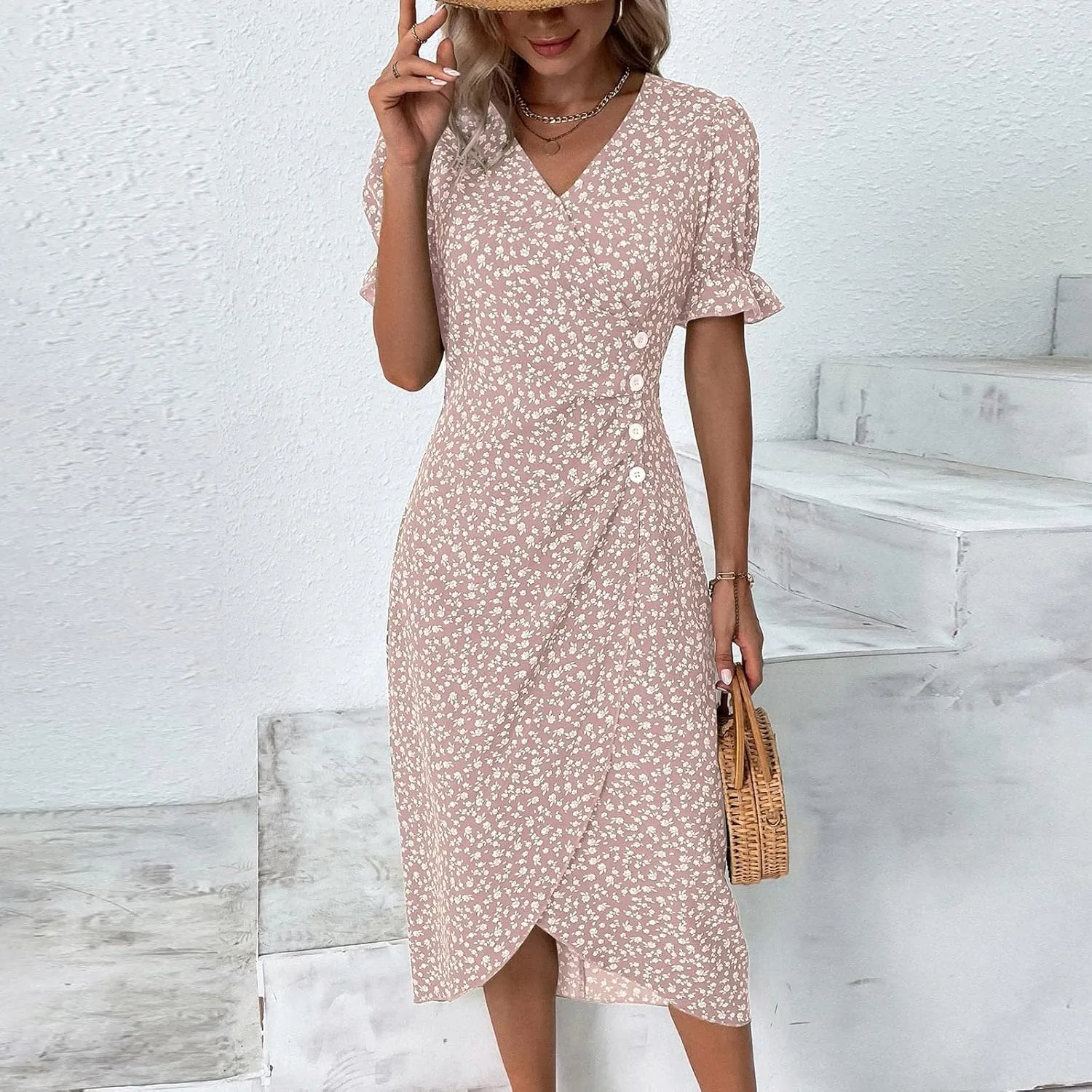 Dresses for Women Summer Boho Floral Print V Neck Maxi Wrap Dress Ruffle A-Line Flowy Maxi Wedding Guest Dresses