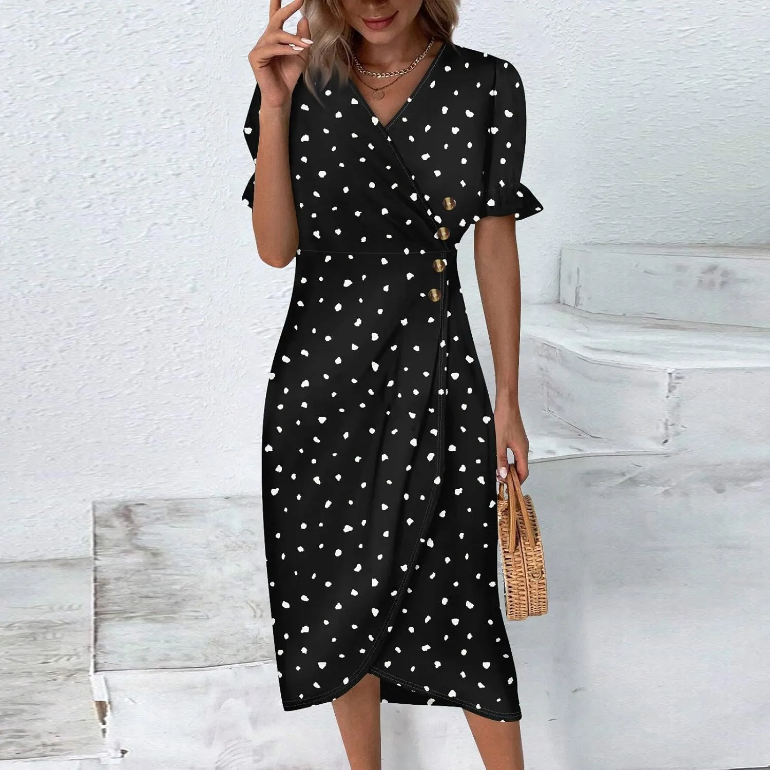 Dresses for Women Summer Boho Floral Print V Neck Maxi Wrap Dress Ruffle A-Line Flowy Maxi Wedding Guest Dresses
