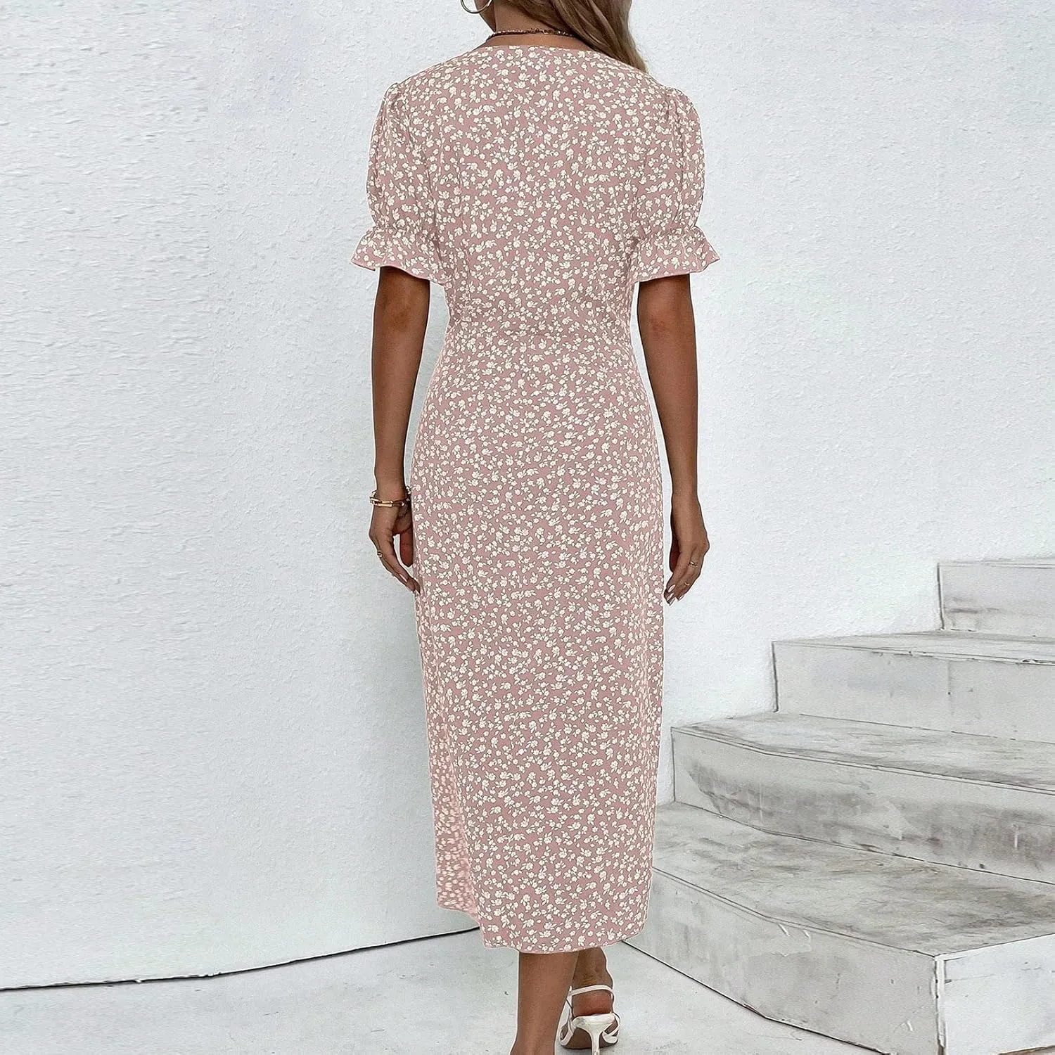 Dresses for Women Summer Boho Floral Print V Neck Maxi Wrap Dress Ruffle A-Line Flowy Maxi Wedding Guest Dresses