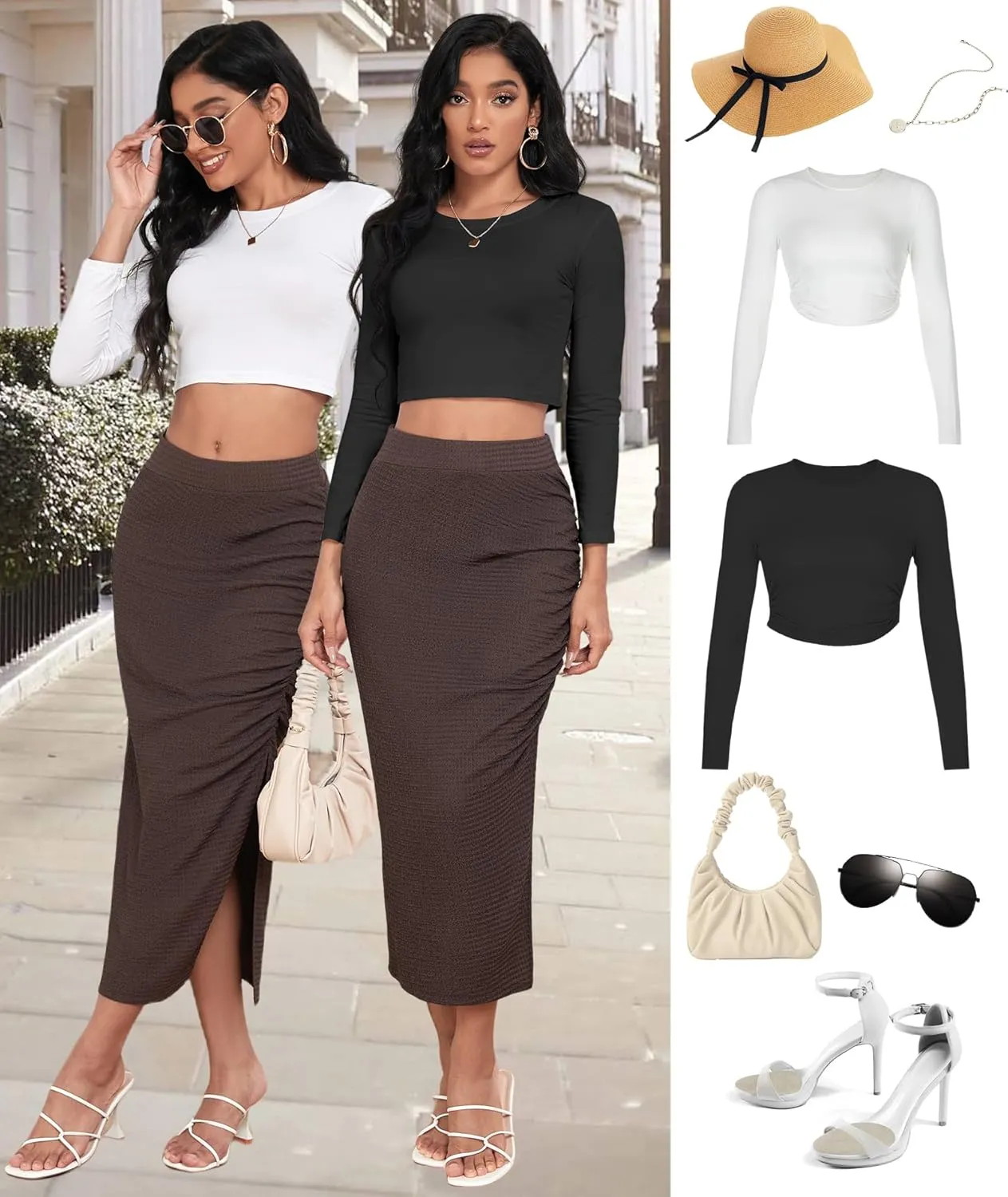 EARKOHA Pencil Midi Skirt for Women 2024 Fall Casual High Waist Ruched Ribbed Knit Stretchy Bodycon Skirt with Slit
