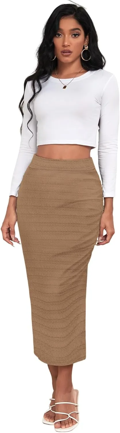 EARKOHA Pencil Midi Skirt for Women 2024 Fall Casual High Waist Ruched Ribbed Knit Stretchy Bodycon Skirt with Slit