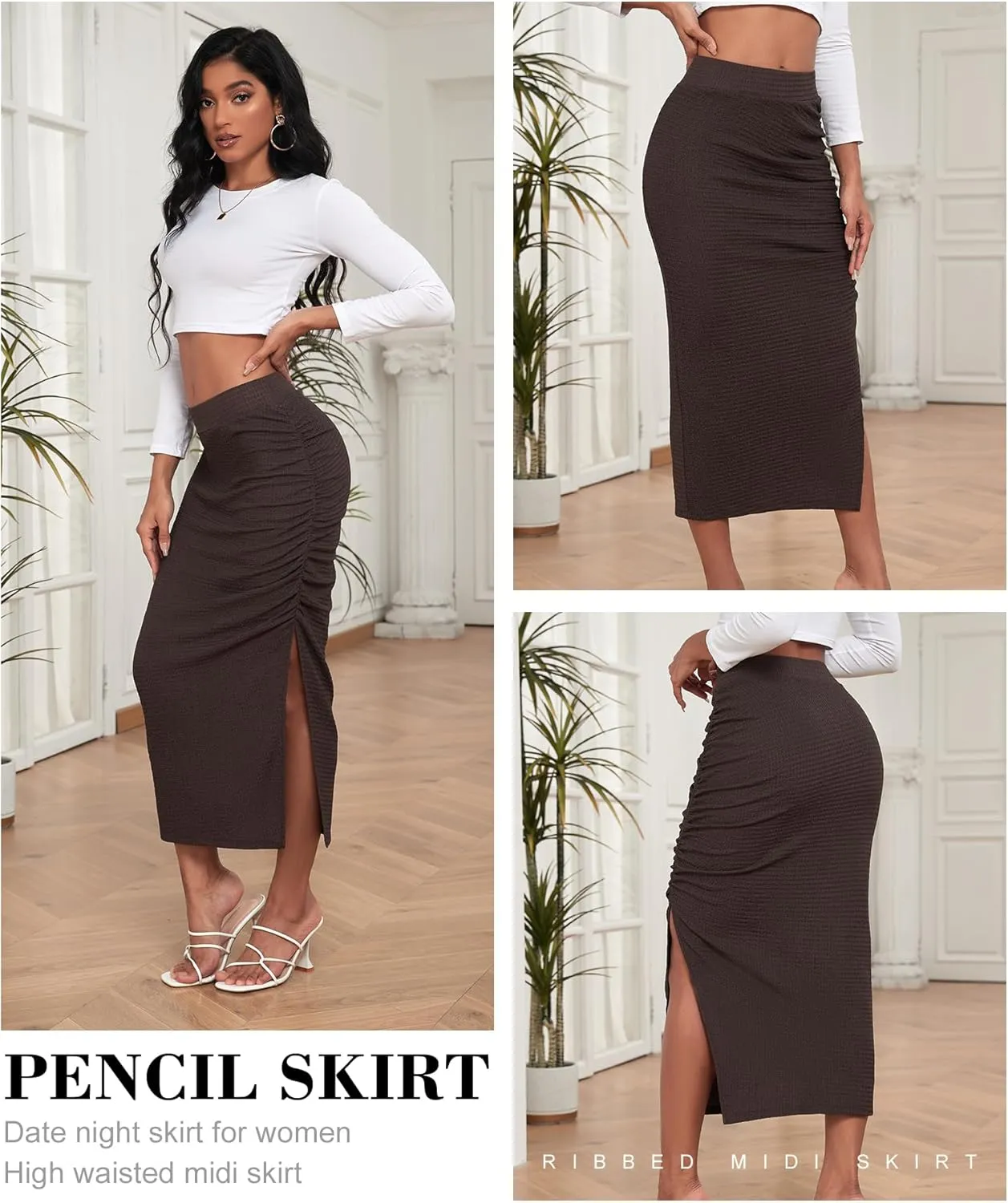 EARKOHA Pencil Midi Skirt for Women 2024 Fall Casual High Waist Ruched Ribbed Knit Stretchy Bodycon Skirt with Slit