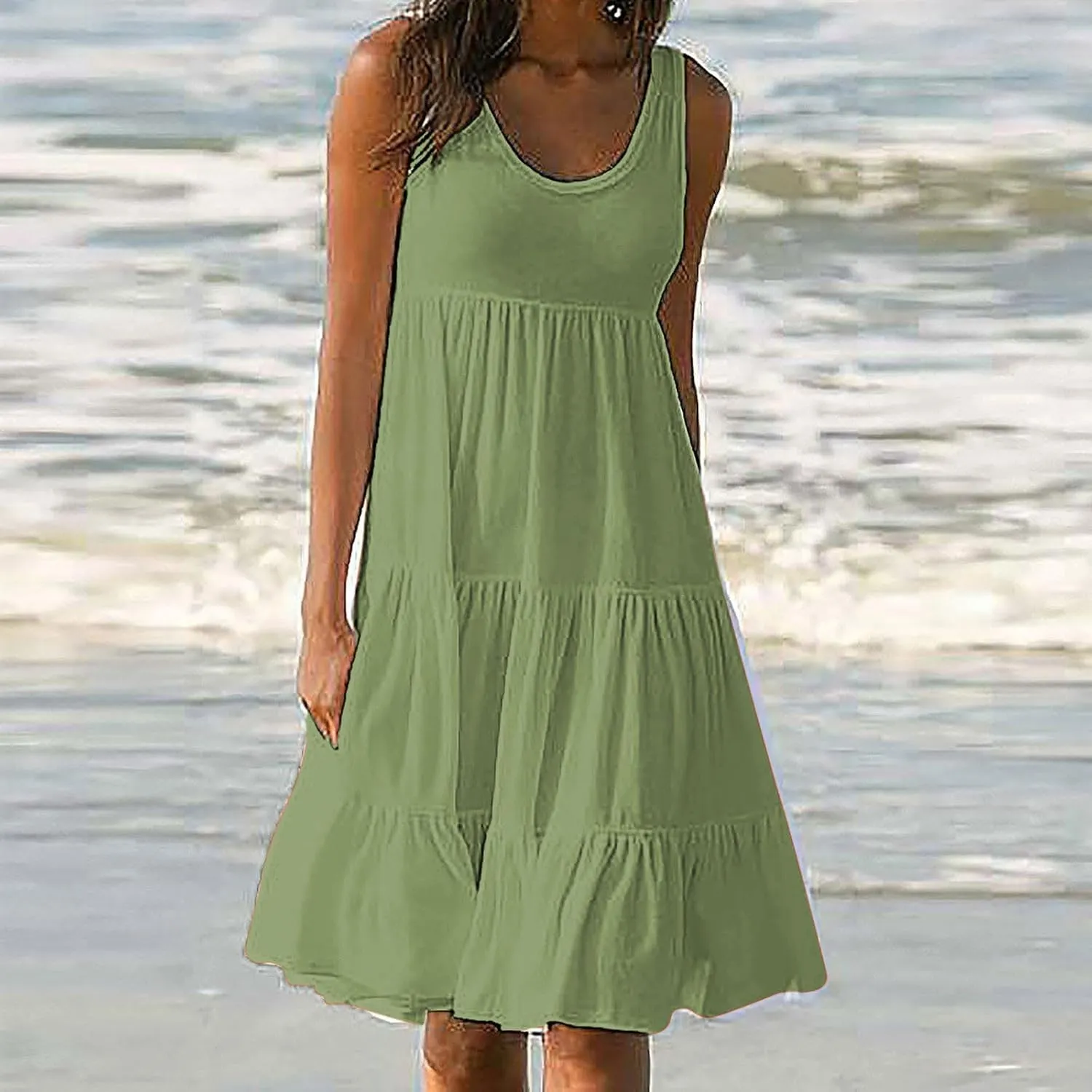 Eduavar Mini Dresses for Women, Vacation Dresses for Women 2024 Casual Loose Solid Color Sleeveless Round Neck Mini Sundress