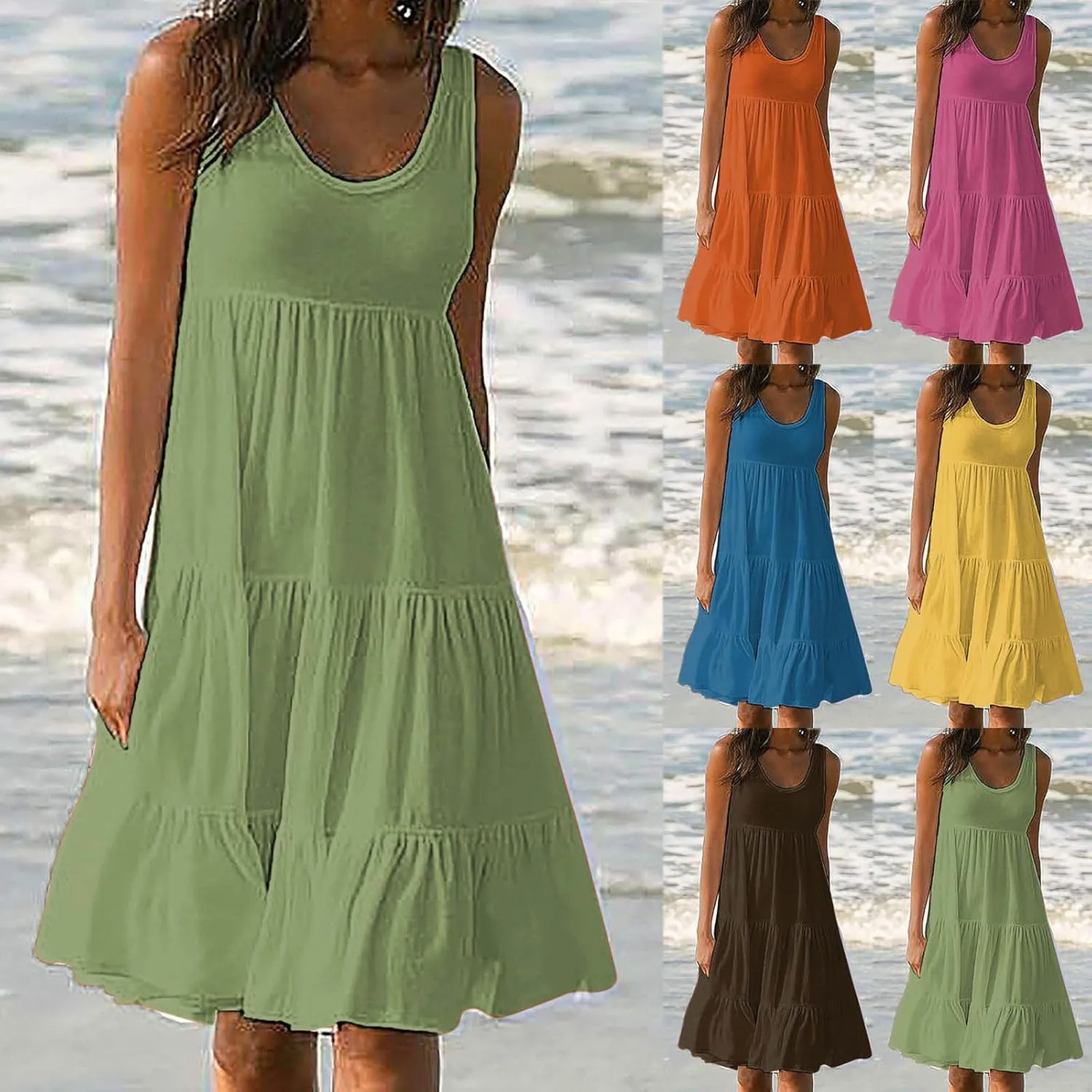 Eduavar Mini Dresses for Women, Vacation Dresses for Women 2024 Casual Loose Solid Color Sleeveless Round Neck Mini Sundress