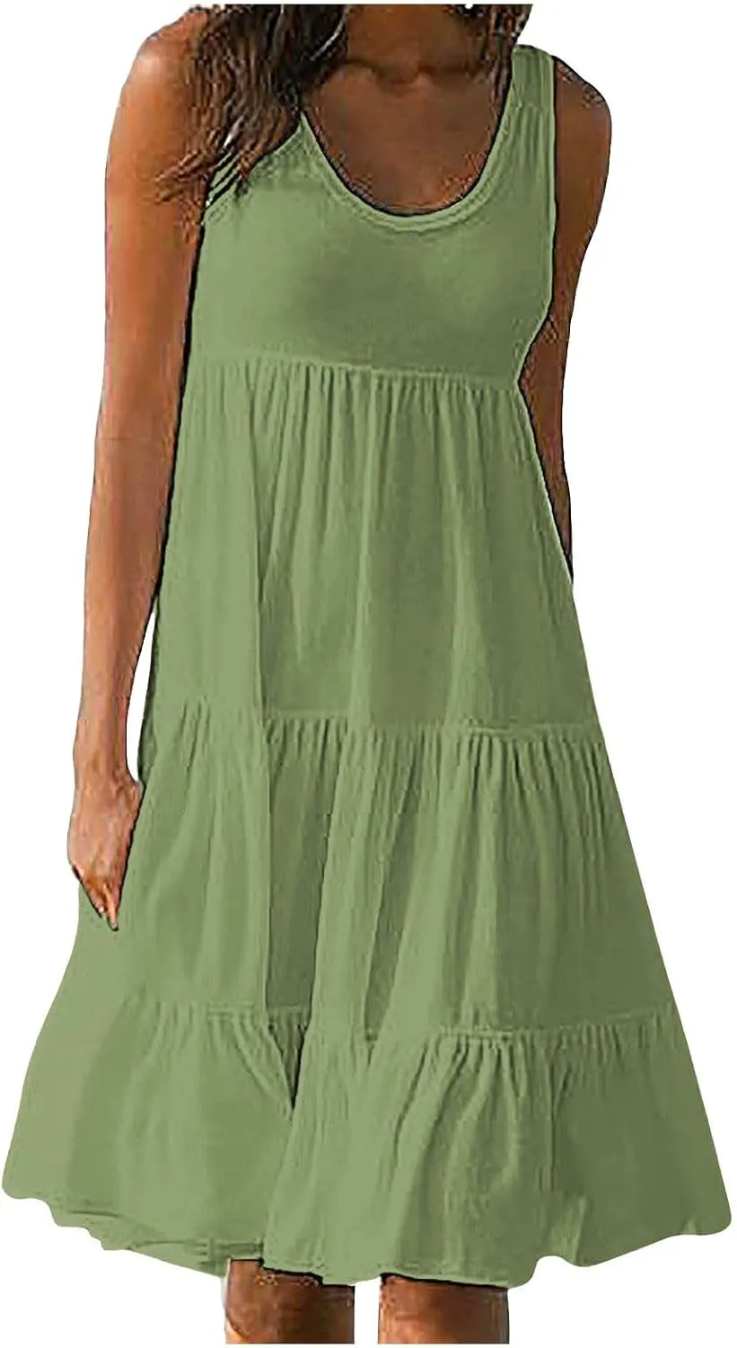 Eduavar Mini Dresses for Women, Vacation Dresses for Women 2024 Casual Loose Solid Color Sleeveless Round Neck Mini Sundress