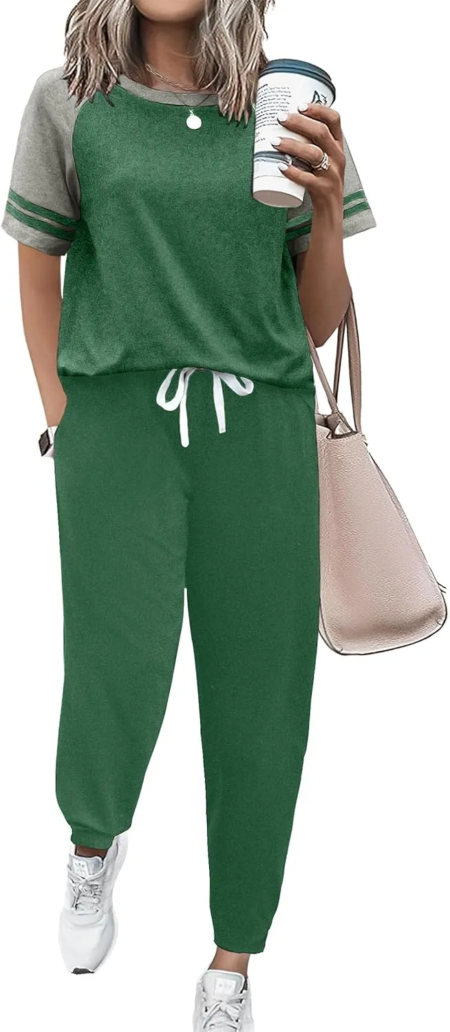 Ekouaer Lounge Sets for Women Two Piece Pajama Set Short Sleeve Crewneck Jogger Outfits and Sweatpants Tracksuit with Pockets
