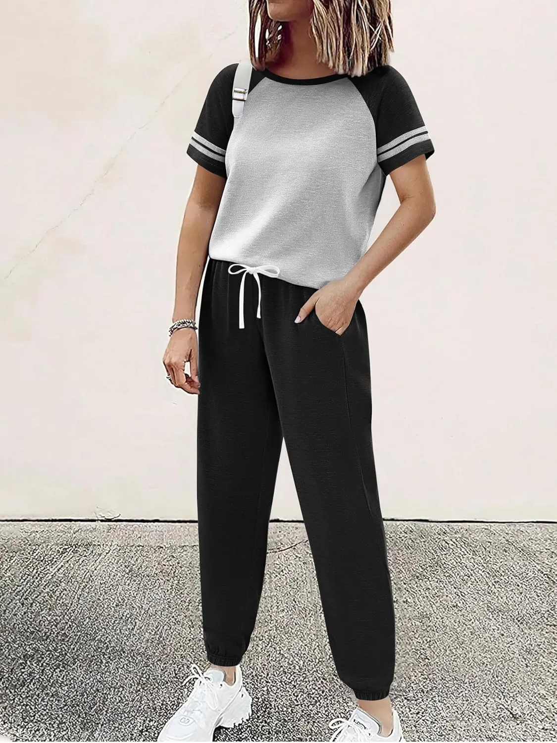 Ekouaer Lounge Sets for Women Two Piece Pajama Set Short Sleeve Crewneck Jogger Outfits and Sweatpants Tracksuit with Pockets