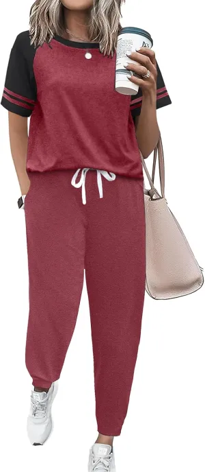 Ekouaer Lounge Sets for Women Two Piece Pajama Set Short Sleeve Crewneck Jogger Outfits and Sweatpants Tracksuit with Pockets