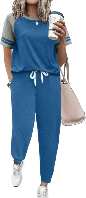 Ekouaer Lounge Sets for Women Two Piece Pajama Set Short Sleeve Crewneck Jogger Outfits and Sweatpants Tracksuit with Pockets