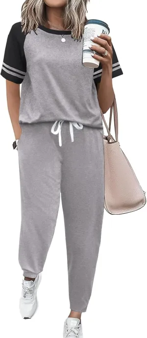 Ekouaer Lounge Sets for Women Two Piece Pajama Set Short Sleeve Crewneck Jogger Outfits and Sweatpants Tracksuit with Pockets
