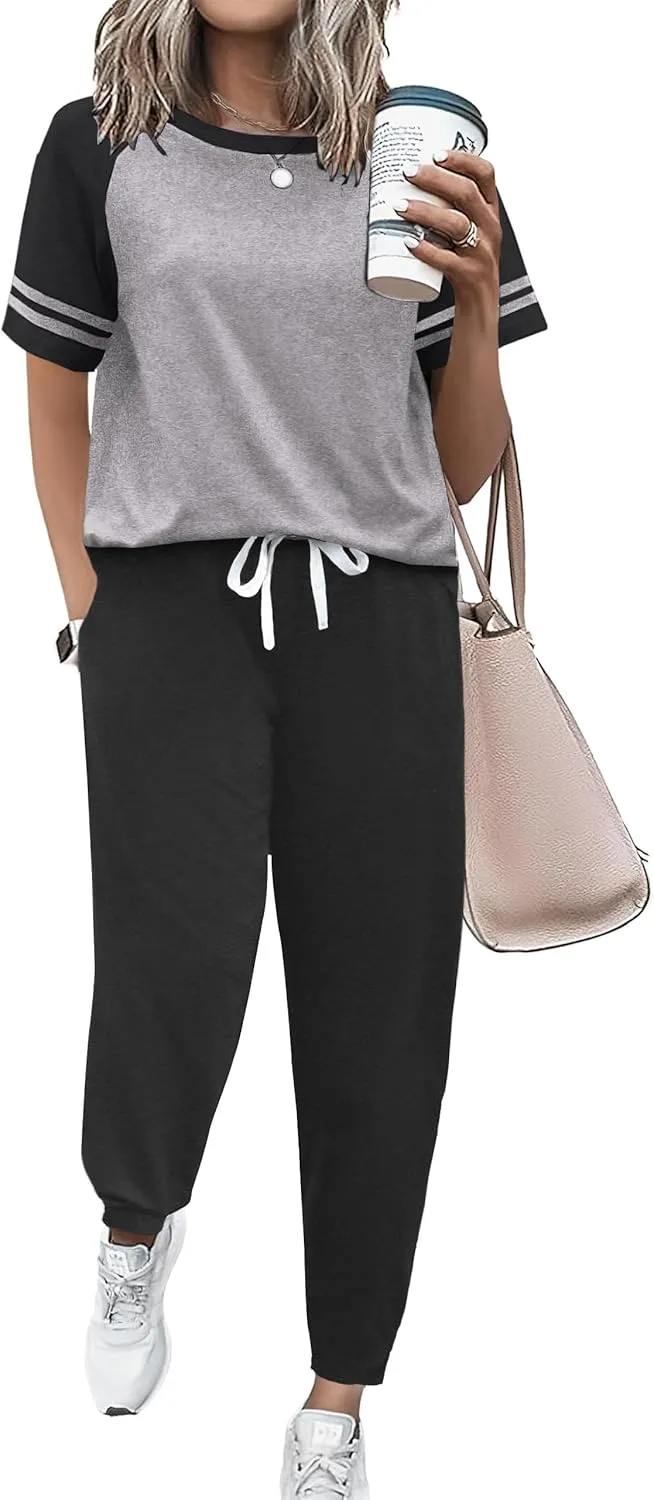 Ekouaer Lounge Sets for Women Two Piece Pajama Set Short Sleeve Crewneck Jogger Outfits and Sweatpants Tracksuit with Pockets