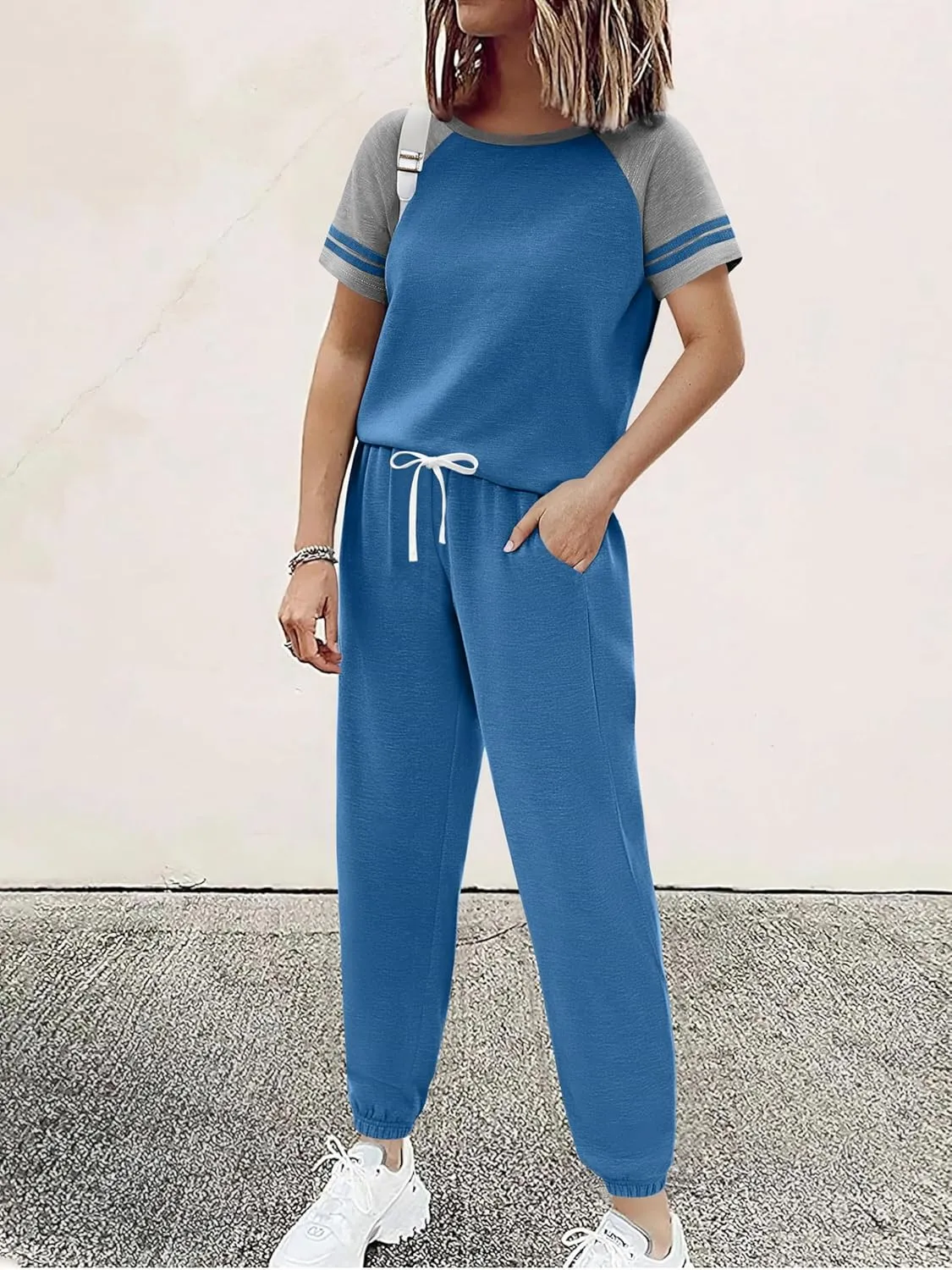 Ekouaer Lounge Sets for Women Two Piece Pajama Set Short Sleeve Crewneck Jogger Outfits and Sweatpants Tracksuit with Pockets