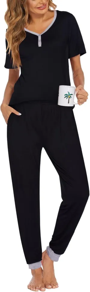 Ekouaer Pajamas Set Womens 2 Piece Lounge Set Short Sleeve Pjs Joggers Pants Sleepwear with Pockets