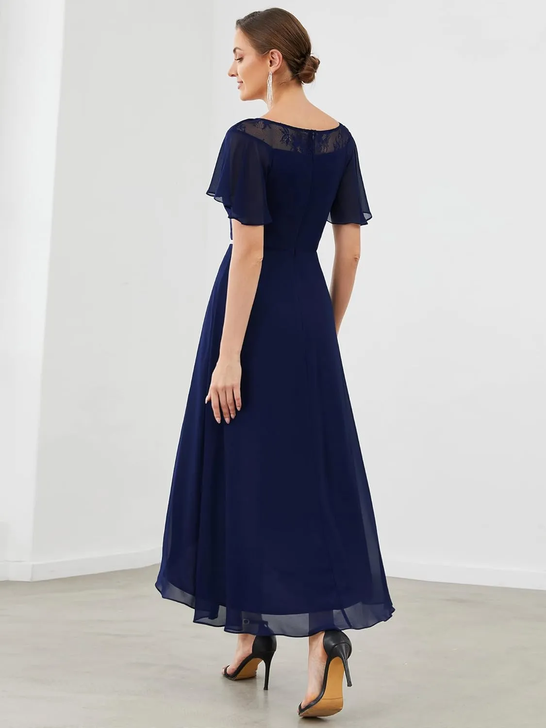 Ever-Pretty Women's Ruffles Sleeve Bridesmaid Dress High Low Beaded Chiffon Midi Mother of The Bride Dresses 00465