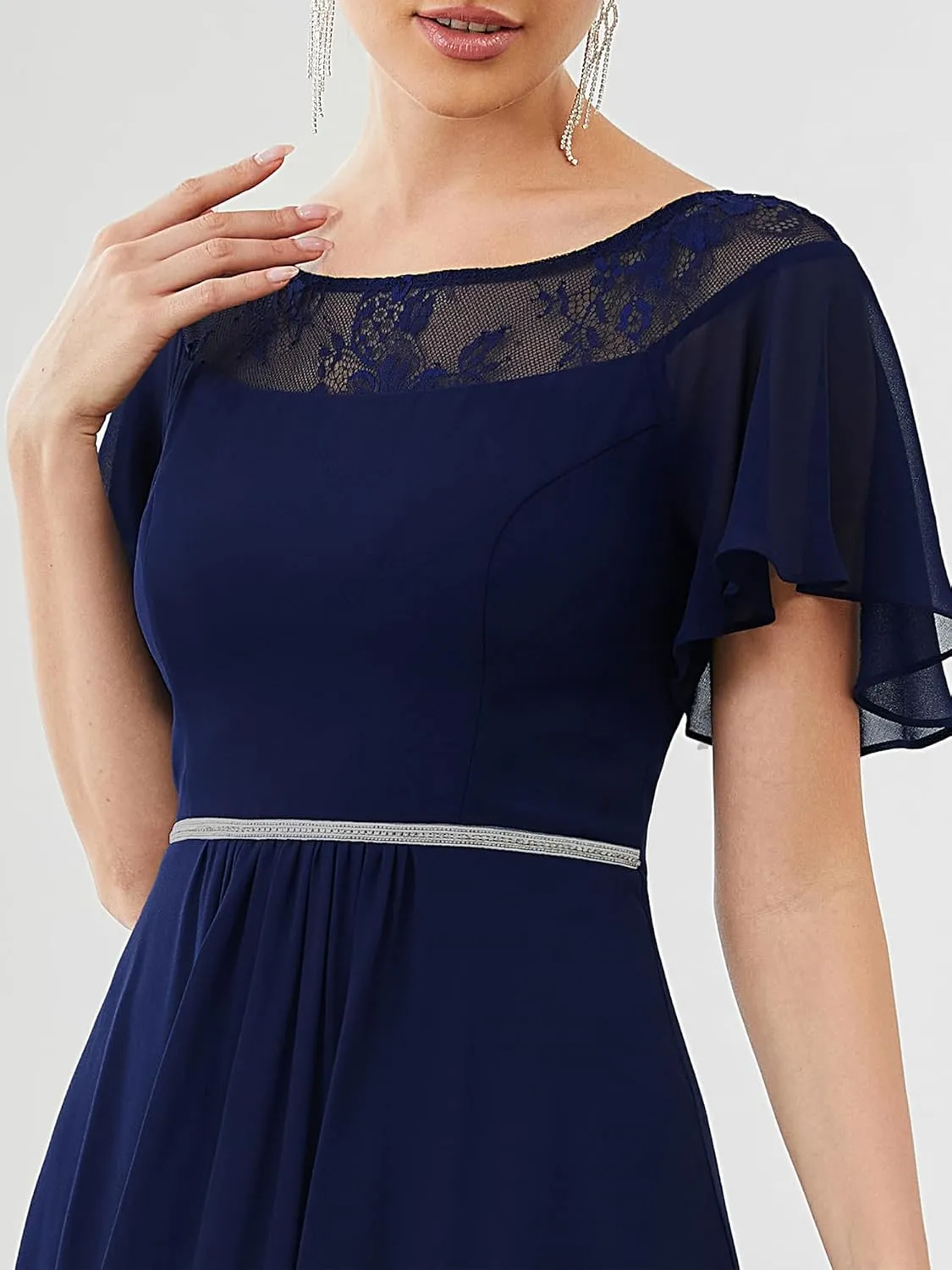 Ever-Pretty Women's Ruffles Sleeve Bridesmaid Dress High Low Beaded Chiffon Midi Mother of The Bride Dresses 00465