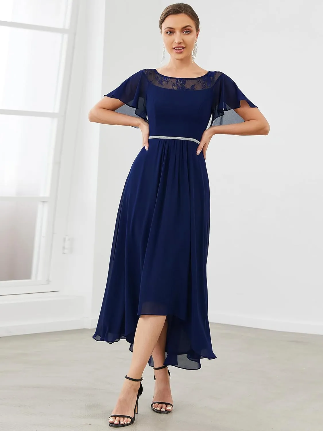 Ever-Pretty Women's Ruffles Sleeve Bridesmaid Dress High Low Beaded Chiffon Midi Mother of The Bride Dresses 00465