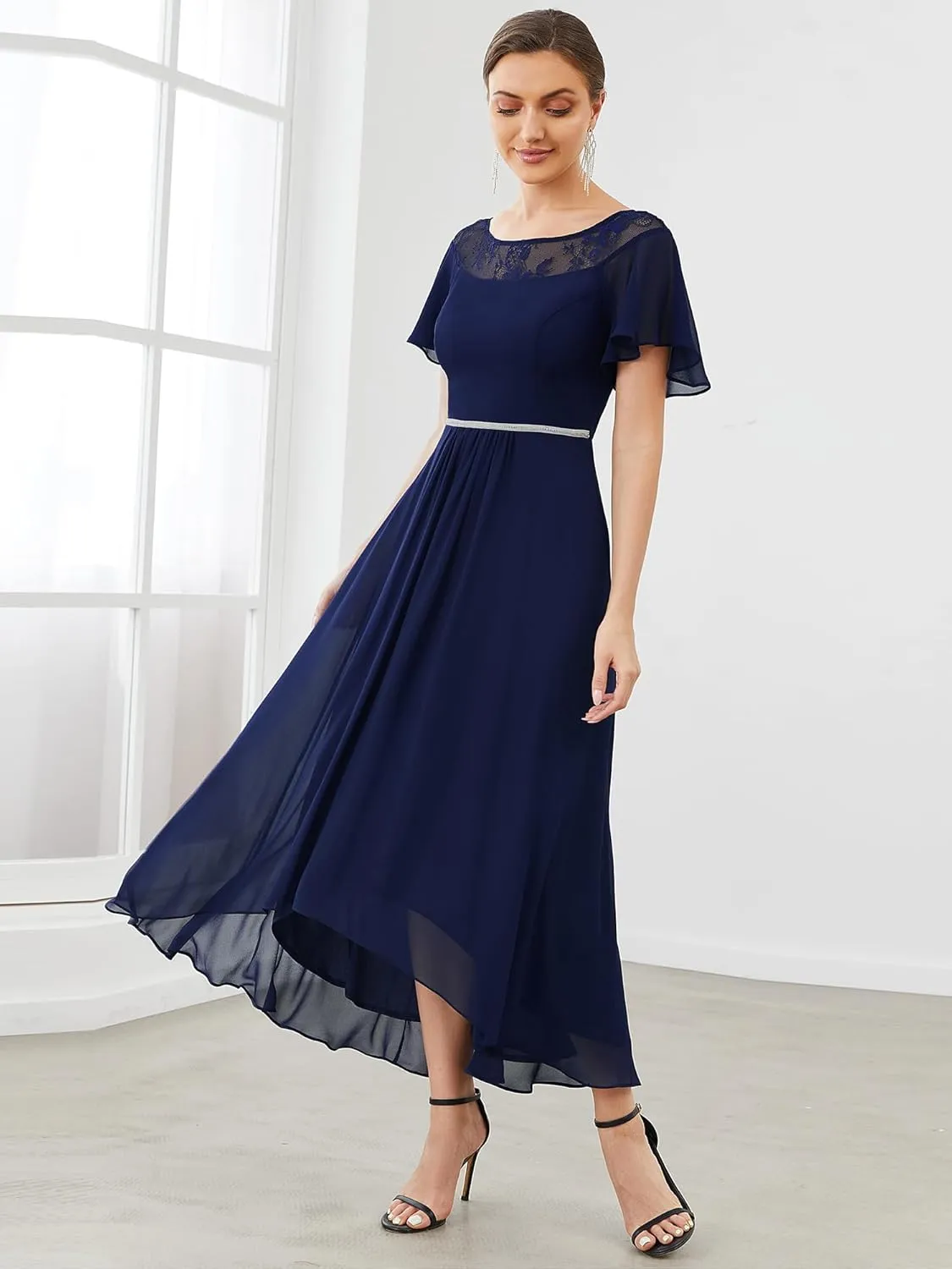 Ever-Pretty Women's Ruffles Sleeve Bridesmaid Dress High Low Beaded Chiffon Midi Mother of The Bride Dresses 00465