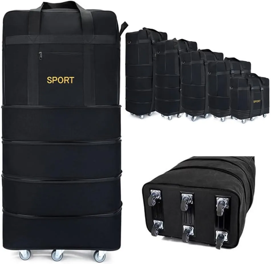 Expandable Extra Large Travel Canvas Duffel Bag with Wheels Lightweight Traveling Foldable Suitcase (Black Canvas, XL - 6 wheels)