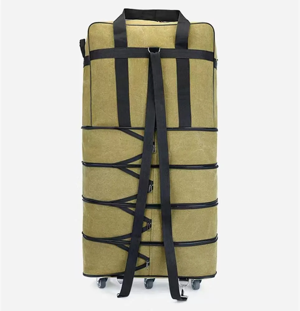 Expandable Extra Large Travel Canvas Duffel Bag with Wheels Lightweight Traveling Foldable Suitcase (Black Canvas, XL - 6 wheels)
