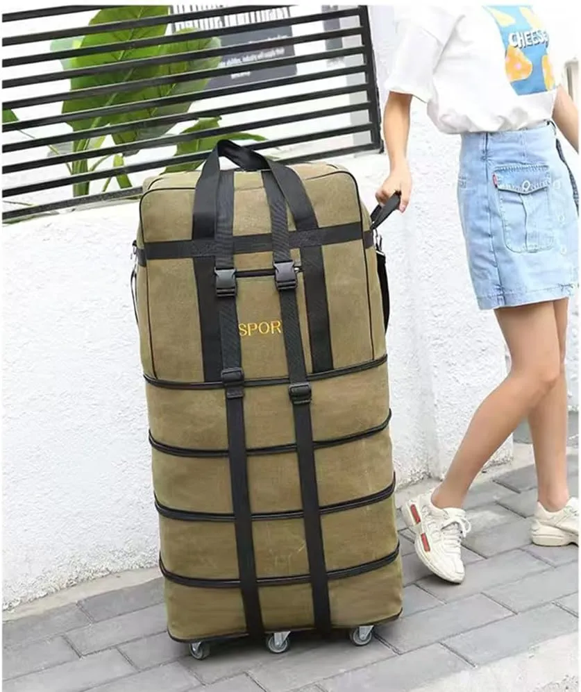 Expandable Extra Large Travel Canvas Duffel Bag with Wheels Lightweight Traveling Foldable Suitcase (Black Canvas, XL - 6 wheels)
