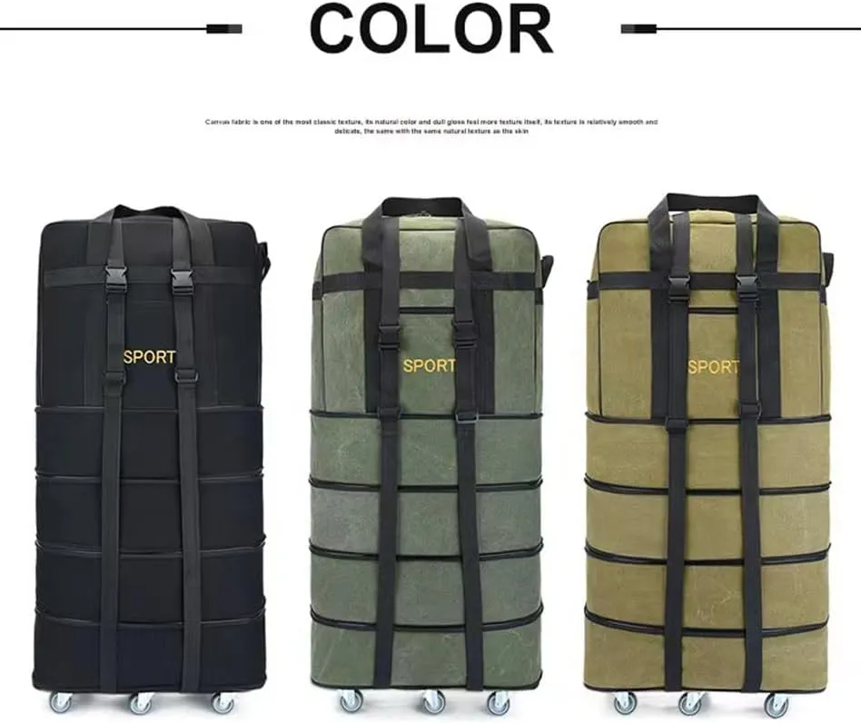 Expandable Extra Large Travel Canvas Duffel Bag with Wheels Lightweight Traveling Foldable Suitcase (Black Canvas, XL - 6 wheels)