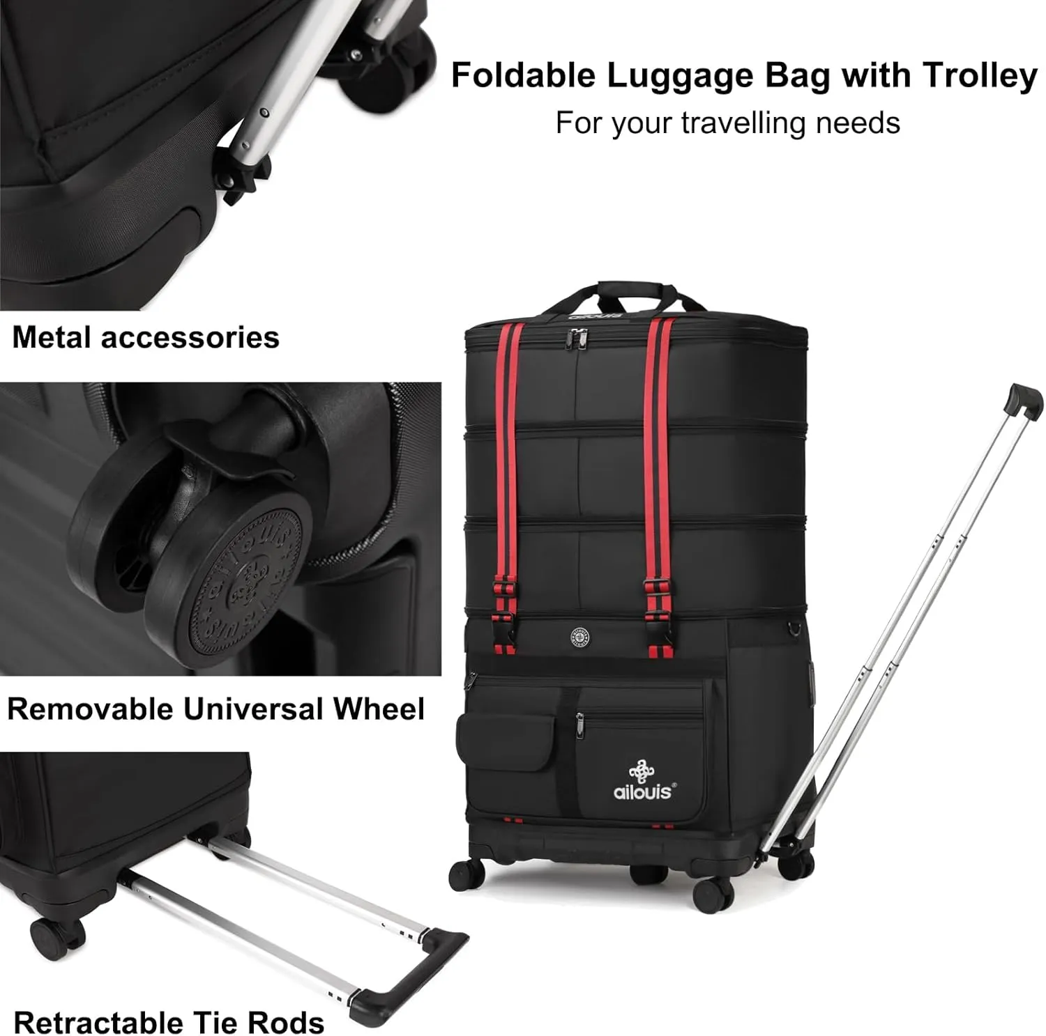 Expandable Foldable Luggage Bag with Telescoping Handle Collapsible Suitcase with Removable Universal Wheels Rolling Travel Bag for Men Women Duffel Bag