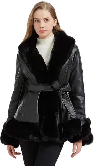 Faux Leather Jacket for Women with Faux Fur Collar Long Sleeve Parka with Pockets Warm Winter Coat with Belt