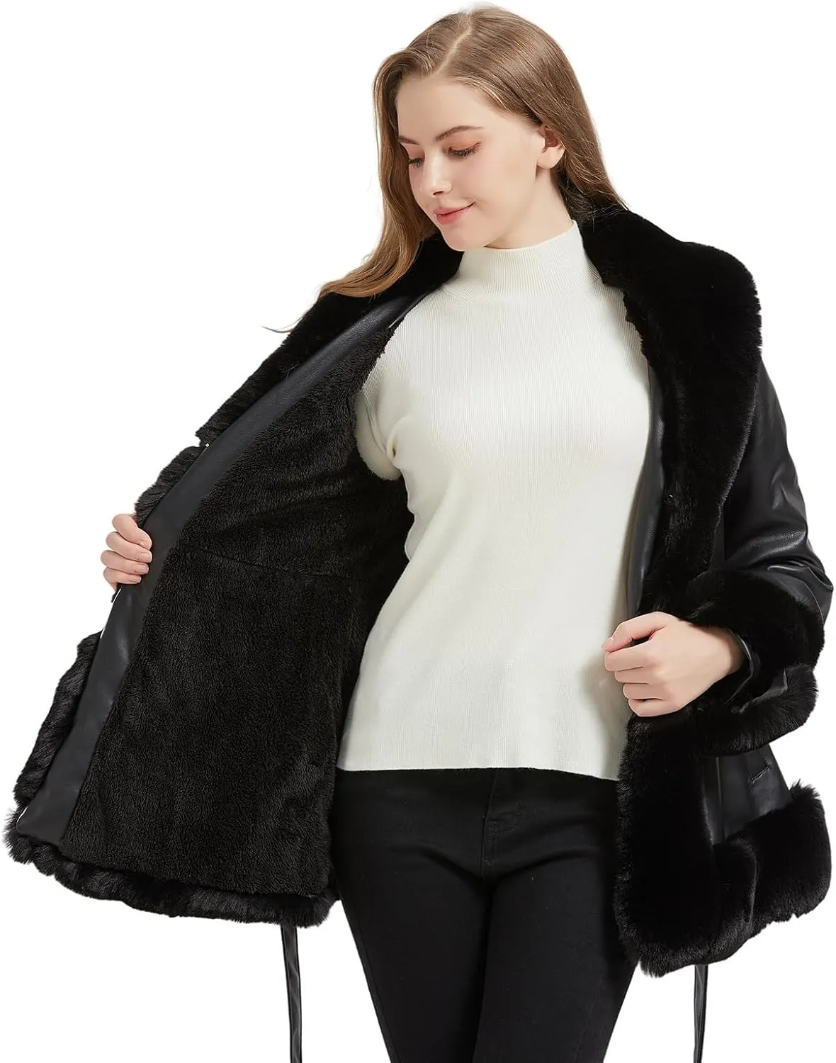 Faux Leather Jacket for Women with Faux Fur Collar Long Sleeve Parka with Pockets Warm Winter Coat with Belt