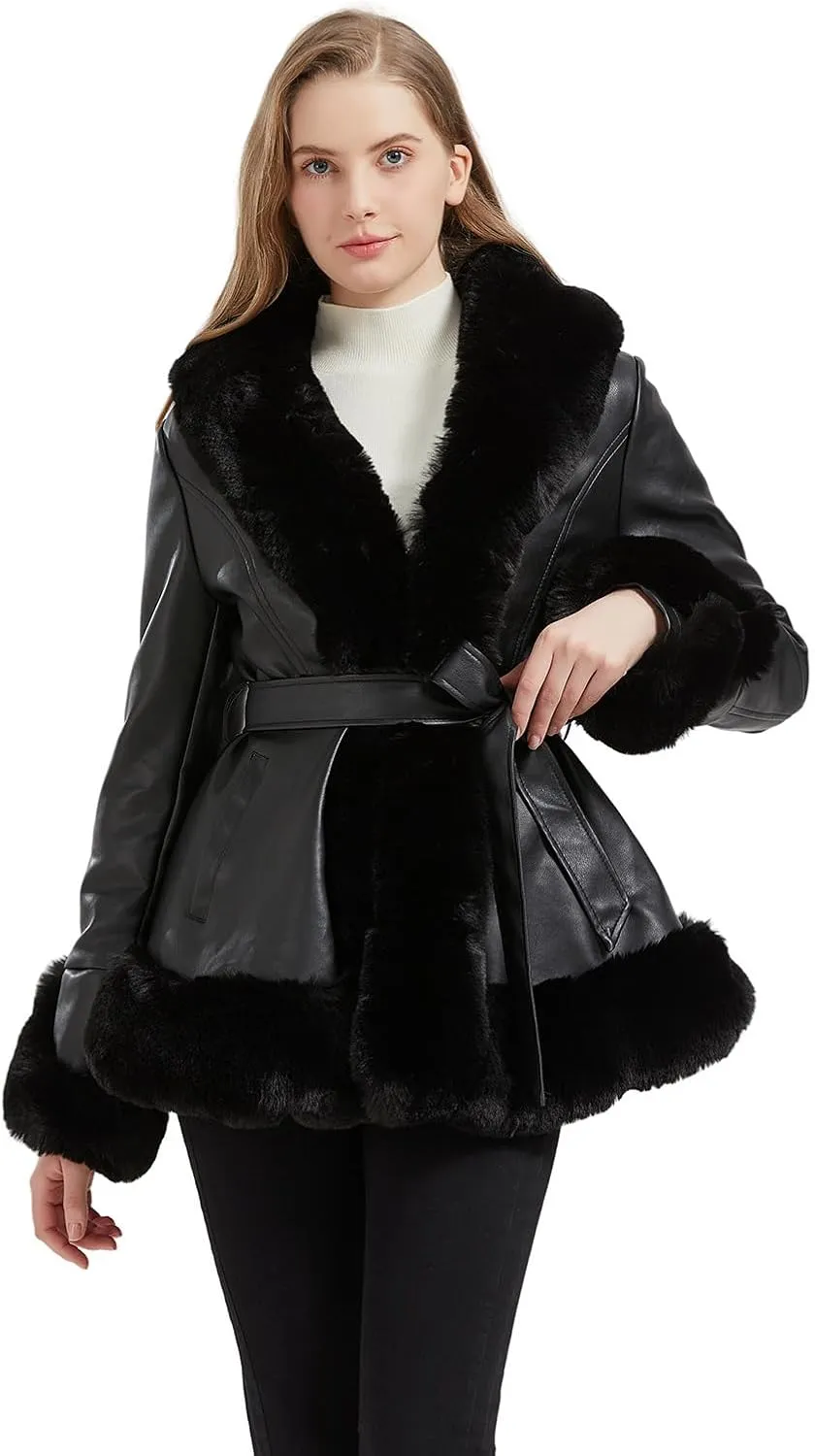 Faux Leather Jacket for Women with Faux Fur Collar Long Sleeve Parka with Pockets Warm Winter Coat with Belt