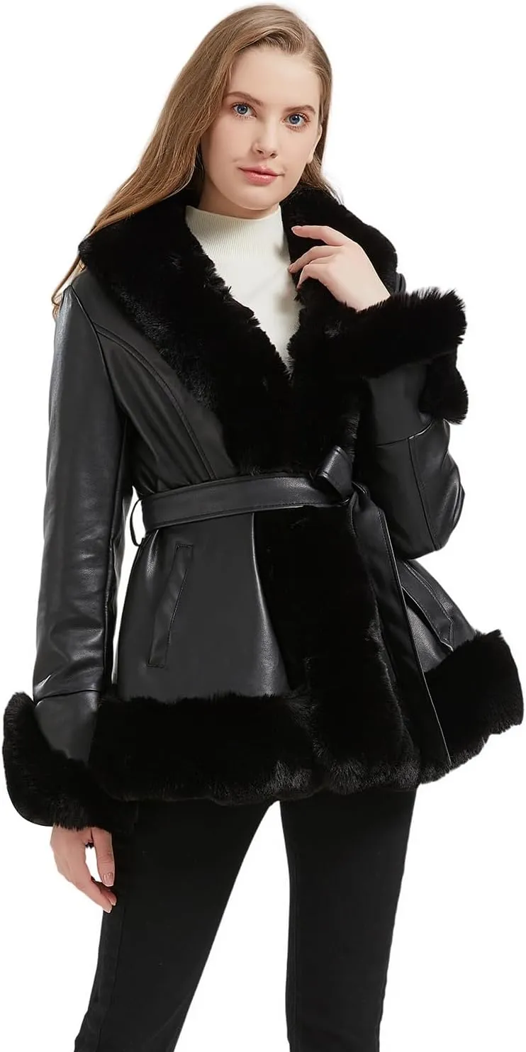 Faux Leather Jacket for Women with Faux Fur Collar Long Sleeve Parka with Pockets Warm Winter Coat with Belt