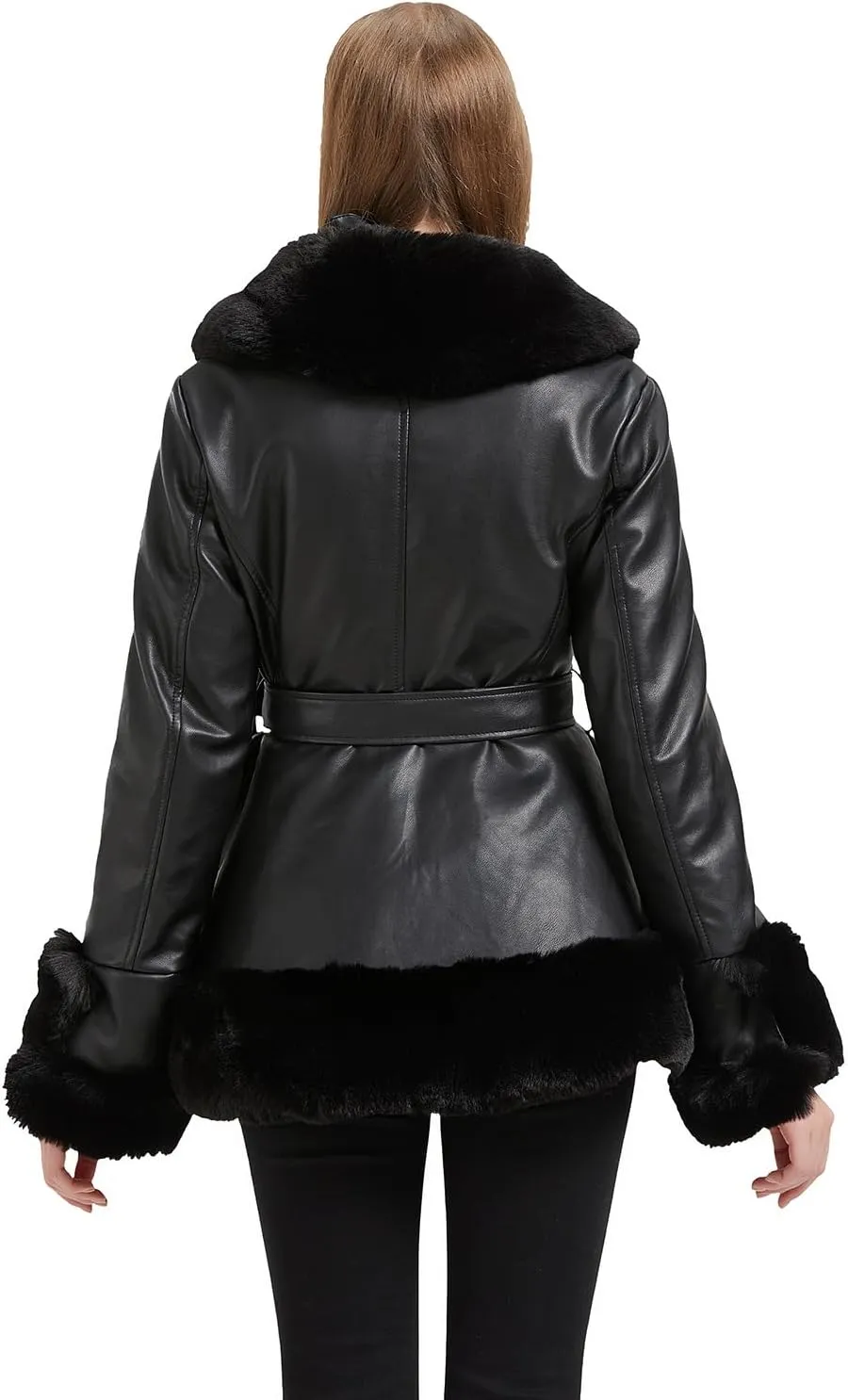 Faux Leather Jacket for Women with Faux Fur Collar Long Sleeve Parka with Pockets Warm Winter Coat with Belt