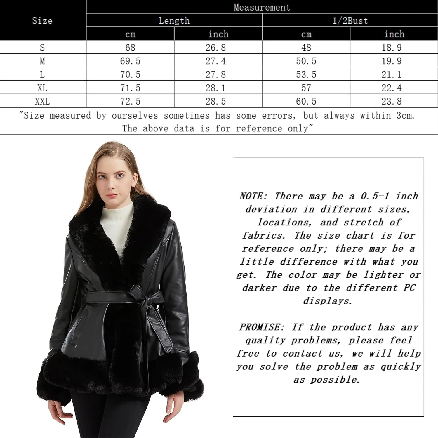 Faux Leather Jacket for Women with Faux Fur Collar Long Sleeve Parka with Pockets Warm Winter Coat with Belt